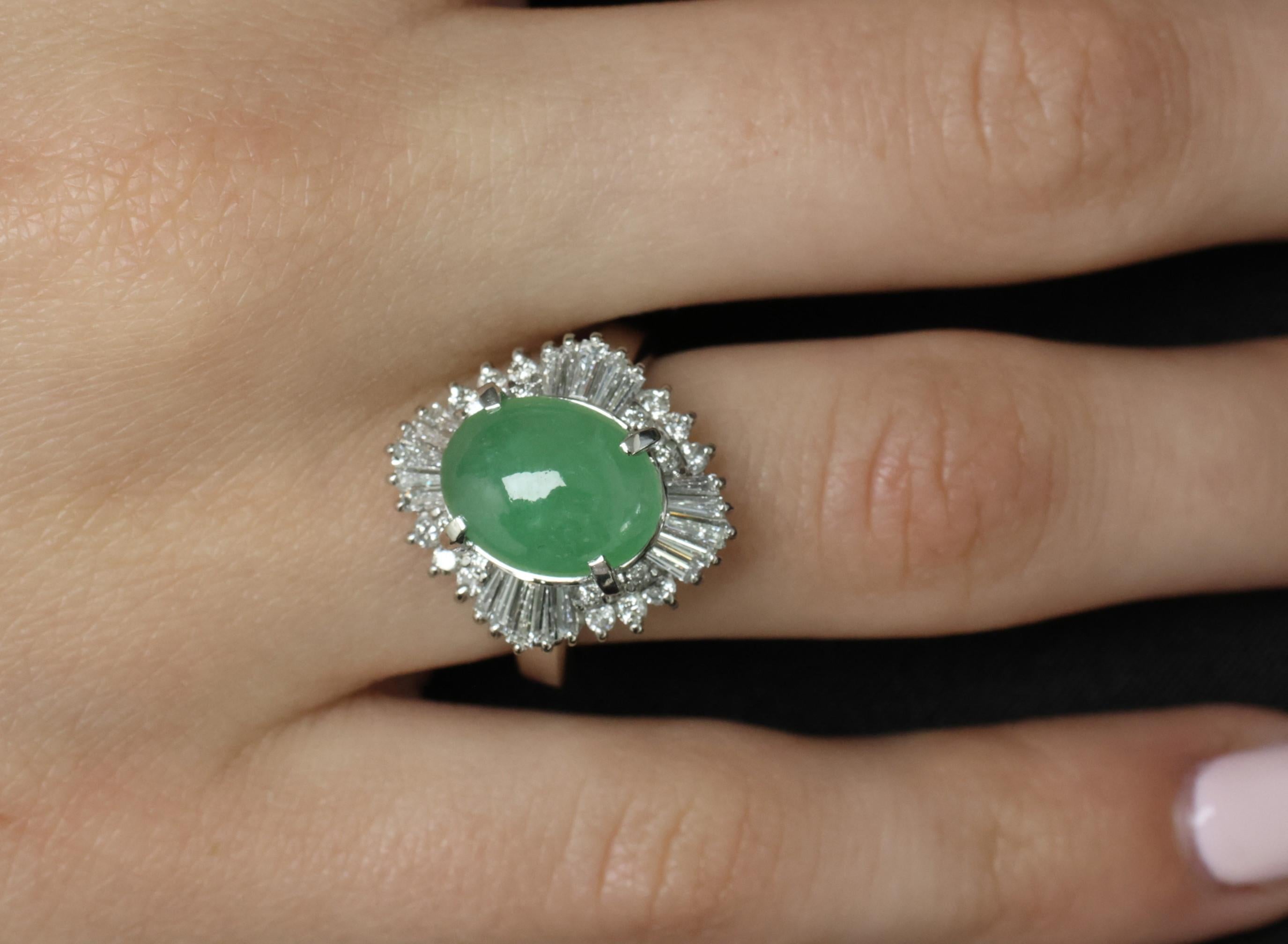 Fine 4.51ct Natural Jadeite Jade & 1.22ct Diamond Platinum Ring, Size 7