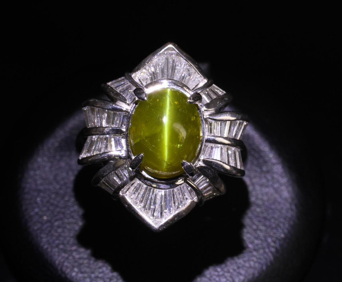 5.98ct Natural Chrysoberyl Cat's Eye & 1.28ct Diamond Platinum Ring, Size 6.25