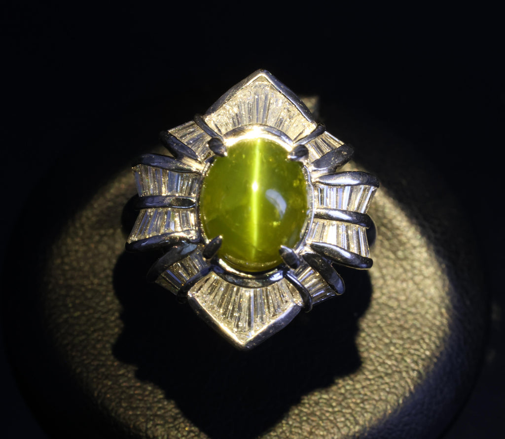 5.98ct Natural Chrysoberyl Cat's Eye & 1.28ct Diamond Platinum Ring, Size 6.25