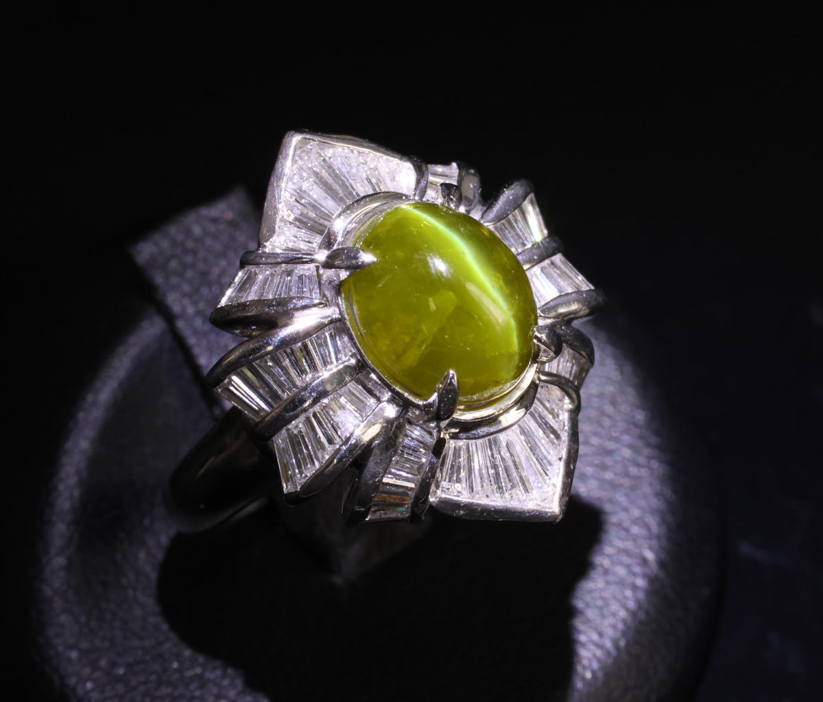 5.98ct Natural Chrysoberyl Cat's Eye & 1.28ct Diamond Platinum Ring, Size 6.25