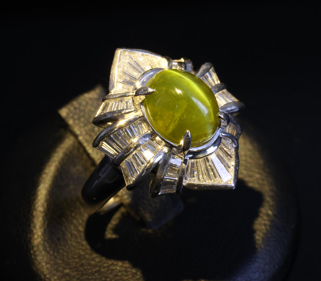 5.98ct Natural Chrysoberyl Cat's Eye & 1.28ct Diamond Platinum Ring, Size 6.25