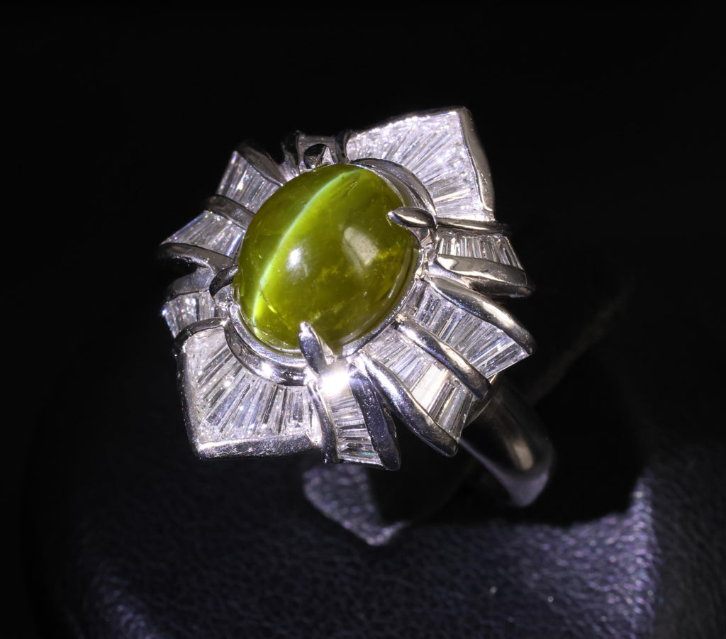 5.98ct Natural Chrysoberyl Cat's Eye & 1.28ct Diamond Platinum Ring, Size 6.25