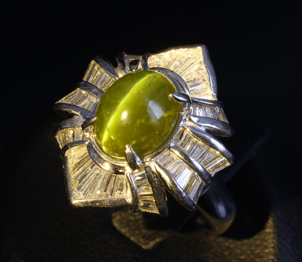 5.98ct Natural Chrysoberyl Cat's Eye & 1.28ct Diamond Platinum Ring, Size 6.25