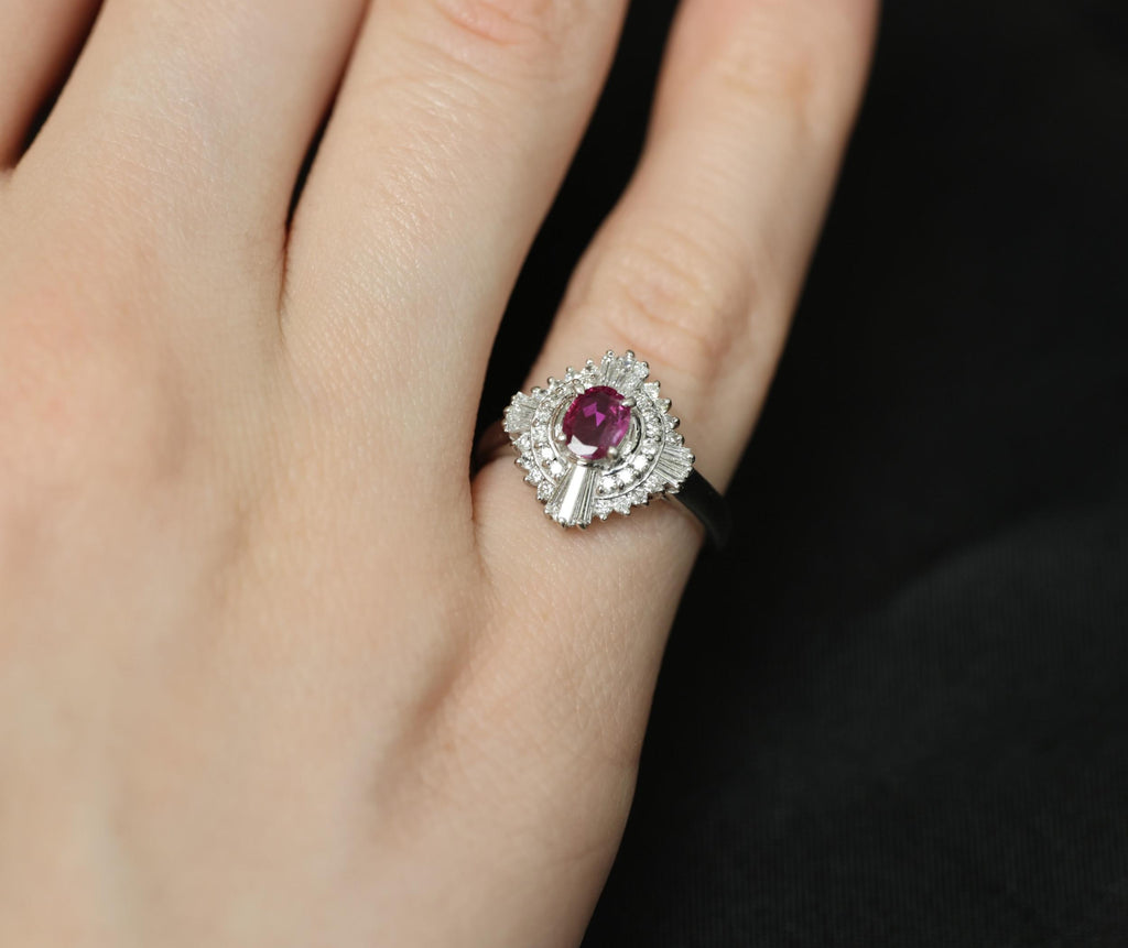 Vintage 0.39ct Ruby & 0.41ct Diamond Platinum Cocktail Ring, Size 4.25