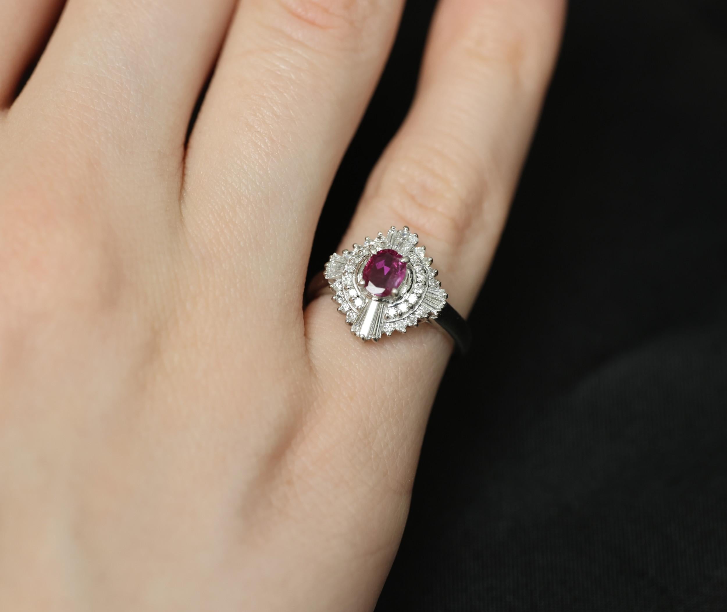 Vintage 0.39ct Ruby & 0.41ct Diamond Platinum Cocktail Ring, Size 4.25