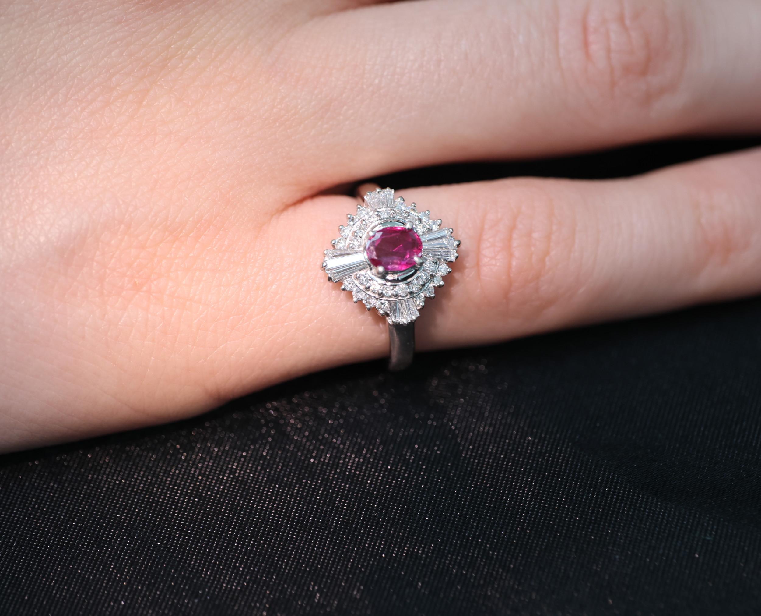 Vintage 0.39ct Ruby & 0.41ct Diamond Platinum Cocktail Ring, Size 4.25