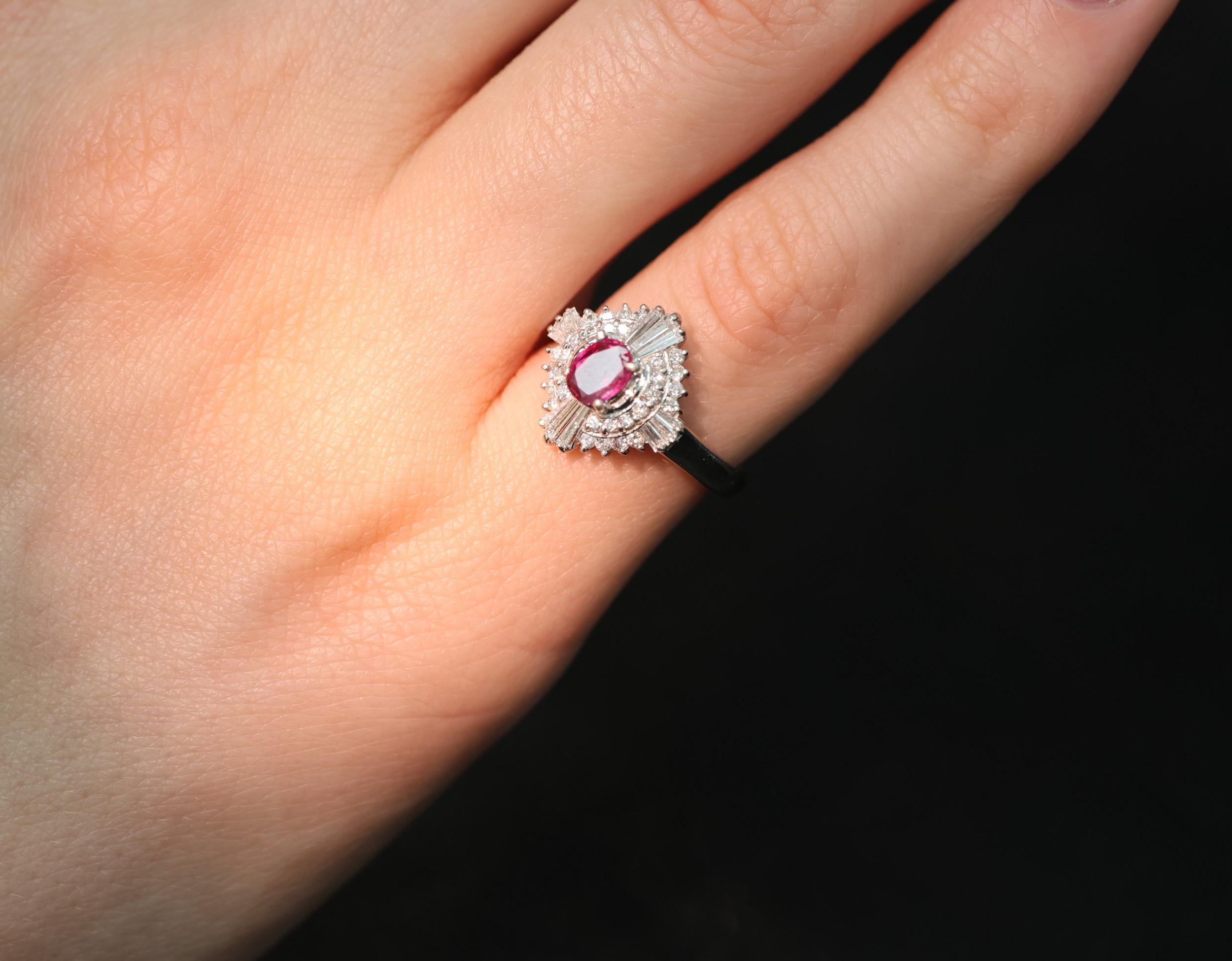 Vintage 0.39ct Ruby & 0.41ct Diamond Platinum Cocktail Ring, Size 4.25