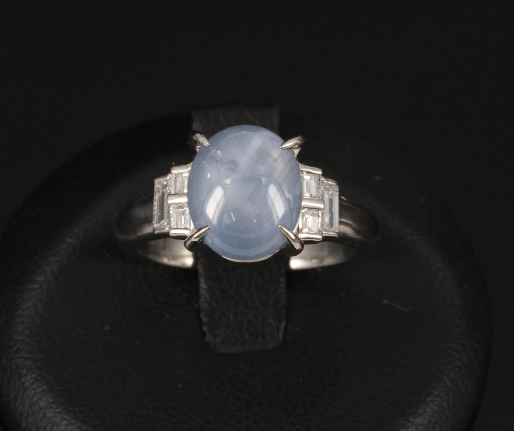 Fine 4.87ct Natural Blue Star Sapphire & 0.32ct Diamond Platinum Ring, Size 6.5