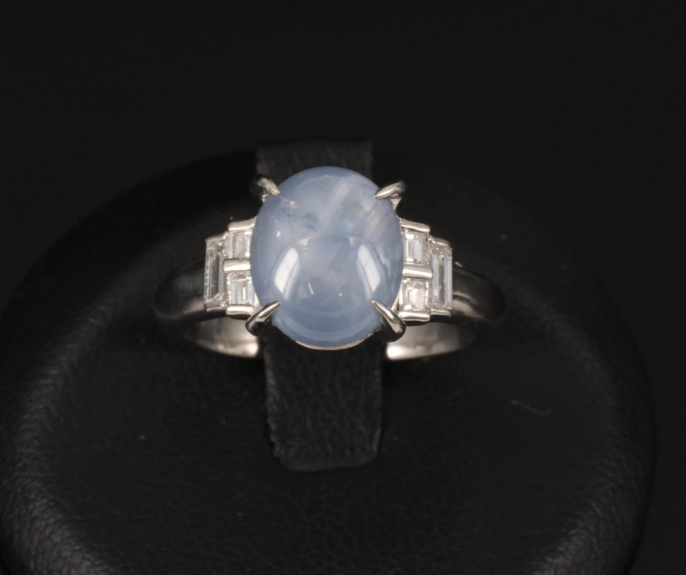 Fine 4.87ct Natural Blue Star Sapphire & 0.32ct Diamond Platinum Ring, Size 6.5