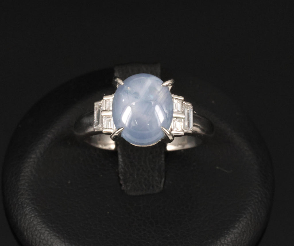 Fine 4.87ct Natural Blue Star Sapphire & 0.32ct Diamond Platinum Ring, Size 6.5