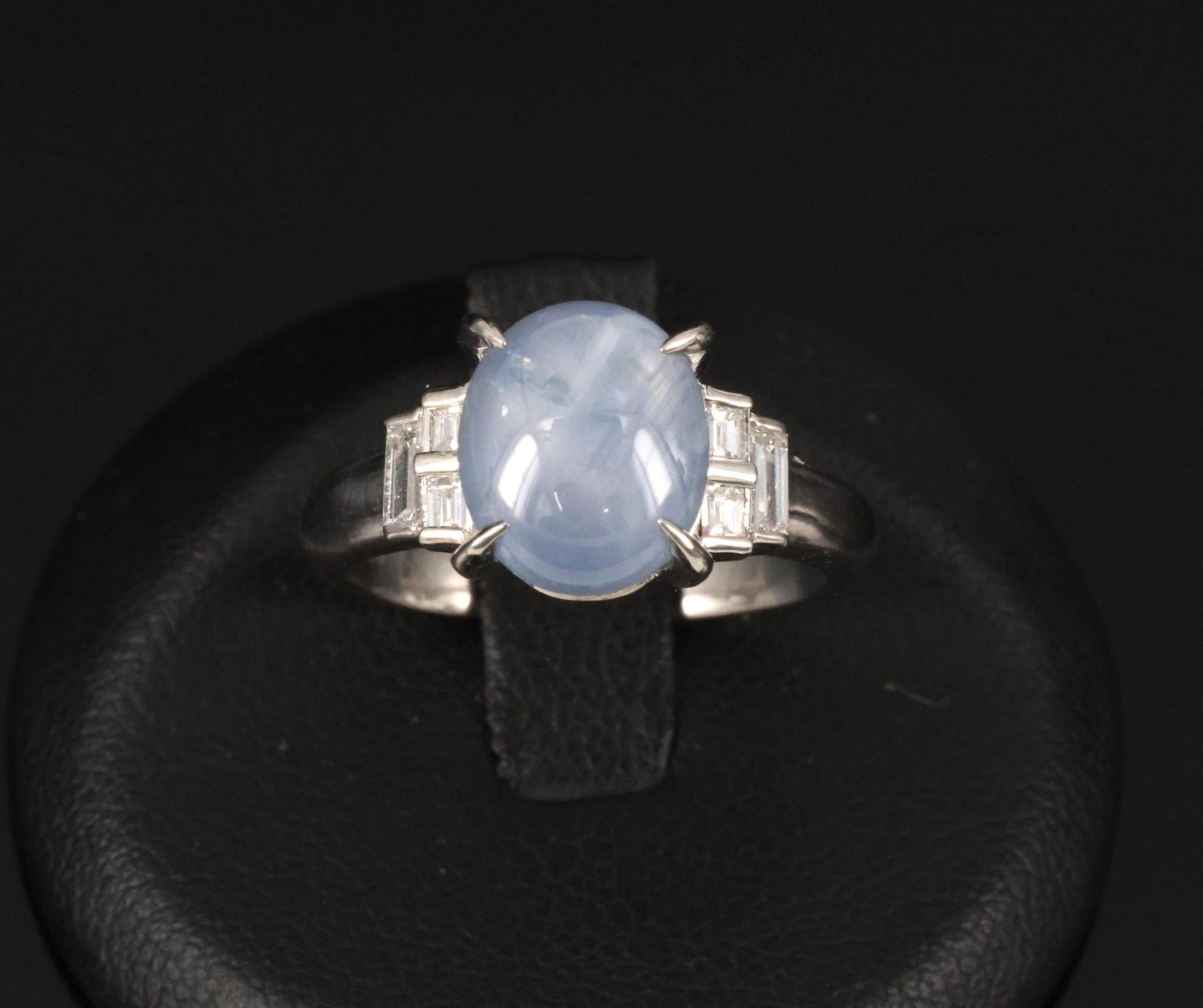 Fine 4.87ct Natural Blue Star Sapphire & 0.32ct Diamond Platinum Ring, Size 6.5