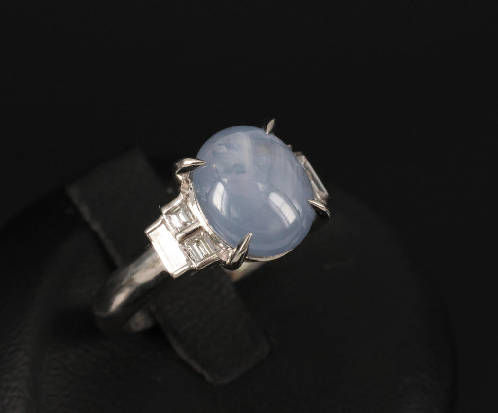 Fine 4.87ct Natural Blue Star Sapphire & 0.32ct Diamond Platinum Ring, Size 6.5