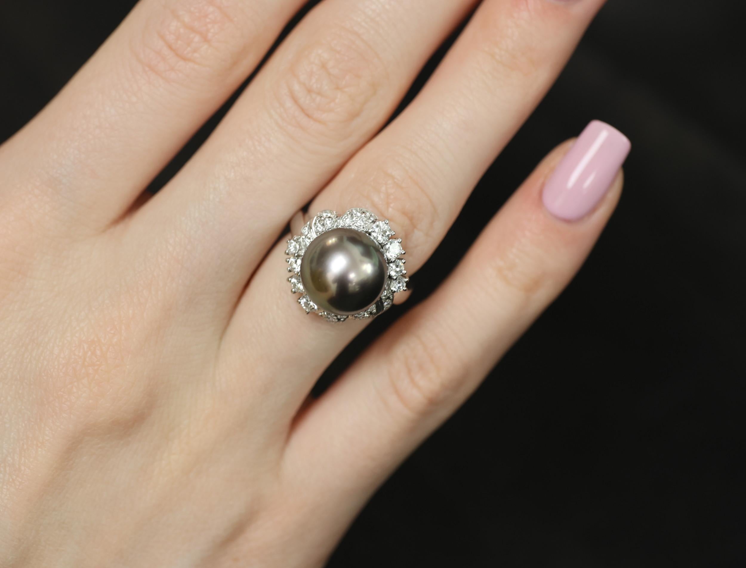 12.1mm Mikimoto Aurora Lagoon Peacock Pearl 0.67ct Diamond Platinum Ring Sz-5.5