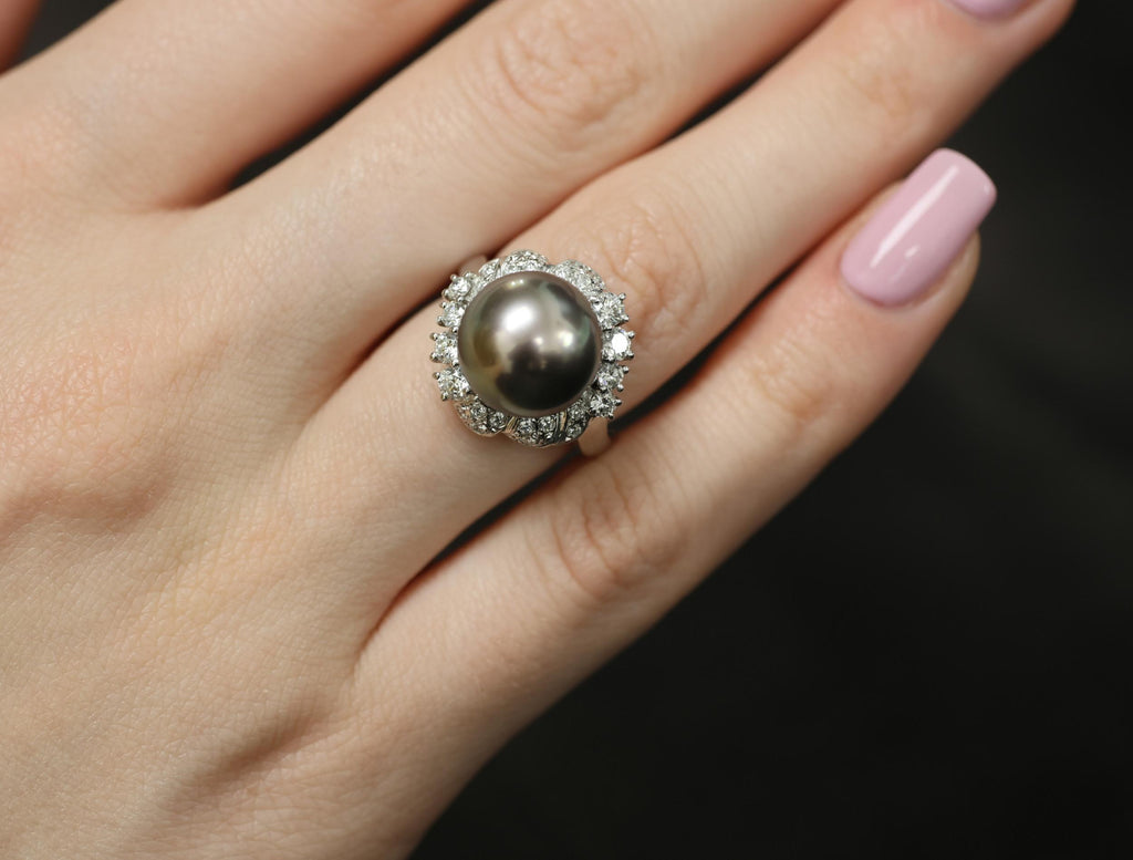 12.1mm Mikimoto Aurora Lagoon Peacock Pearl 0.67ct Diamond Platinum Ring Sz-5.5