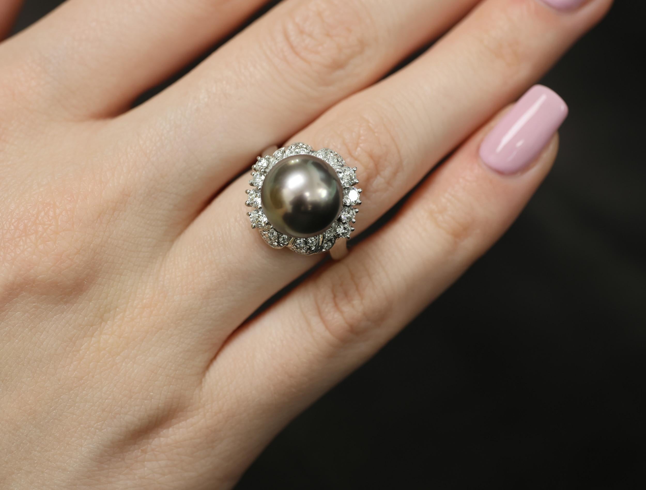 12.1mm Mikimoto Aurora Lagoon Peacock Pearl 0.67ct Diamond Platinum Ring Sz-5.5