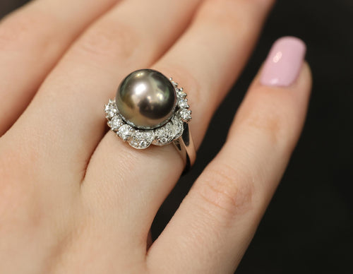 12.1mm Mikimoto Aurora Lagoon Peacock Pearl 0.67ct Diamond Platinum Ring Sz-5.5