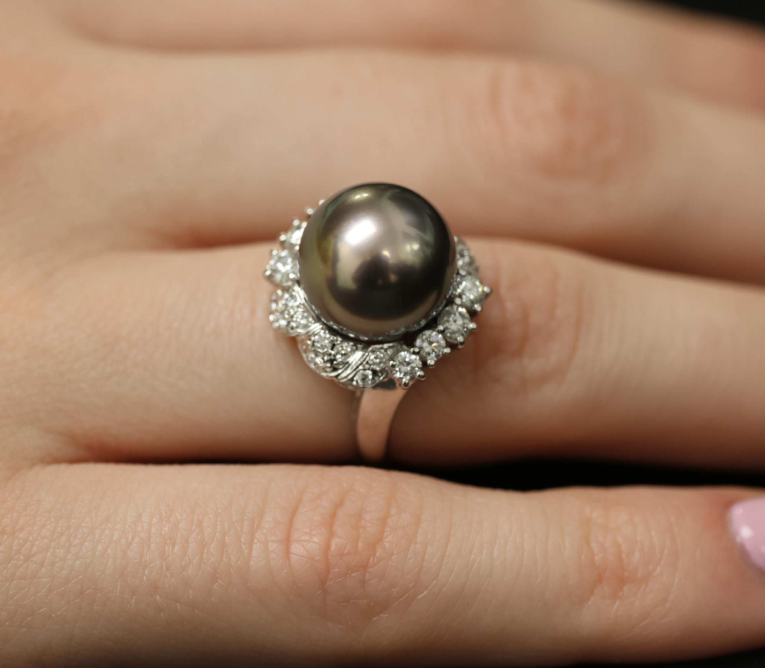 12.1mm Mikimoto Aurora Lagoon Peacock Pearl 0.67ct Diamond Platinum Ring Sz-5.5