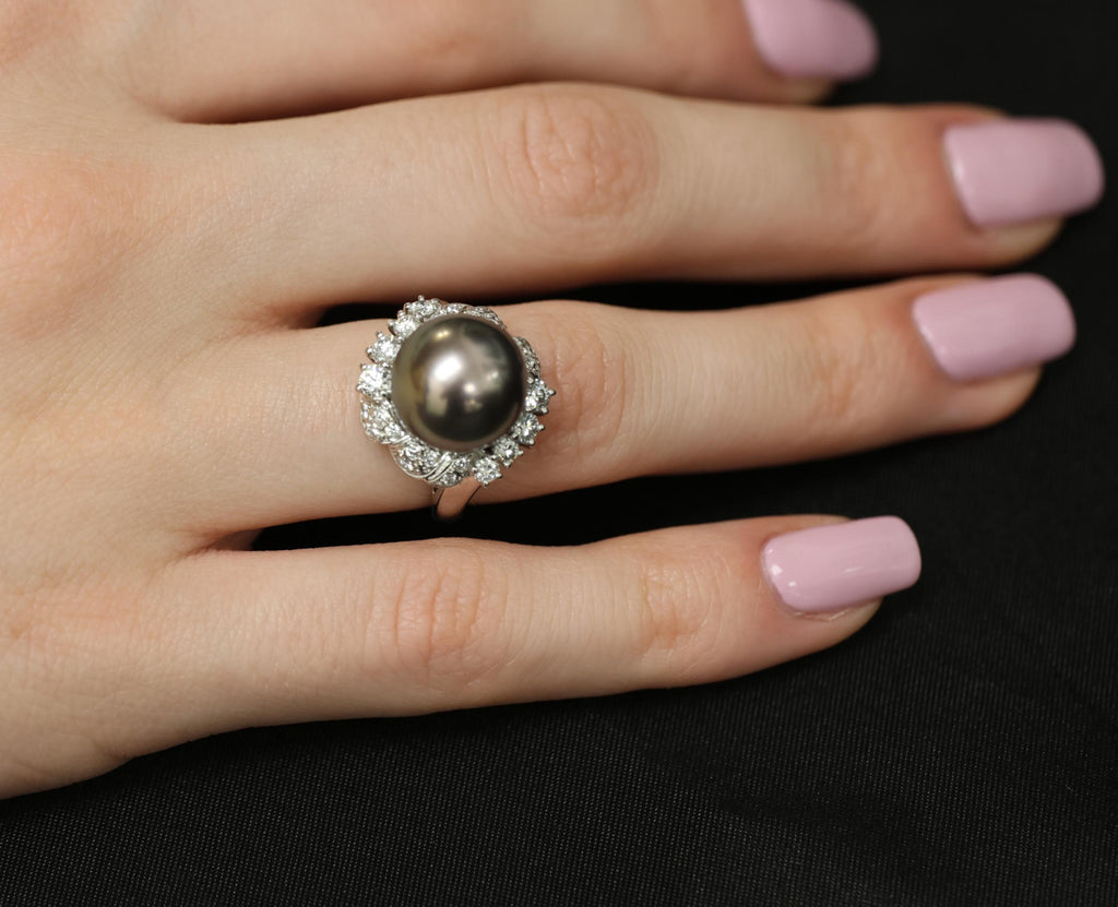 12.1mm Mikimoto Aurora Lagoon Peacock Pearl 0.67ct Diamond Platinum Ring Sz-5.5