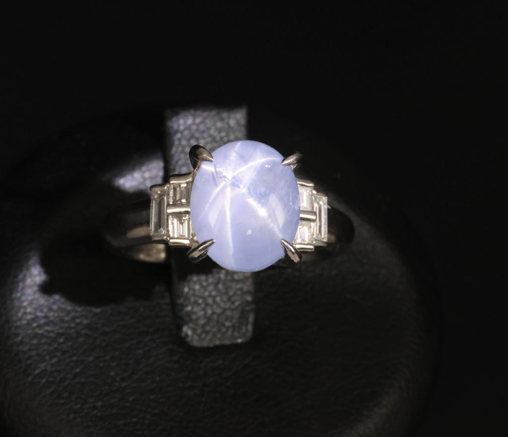 Fine 4.87ct Natural Blue Star Sapphire & 0.32ct Diamond Platinum Ring, Size 6.5