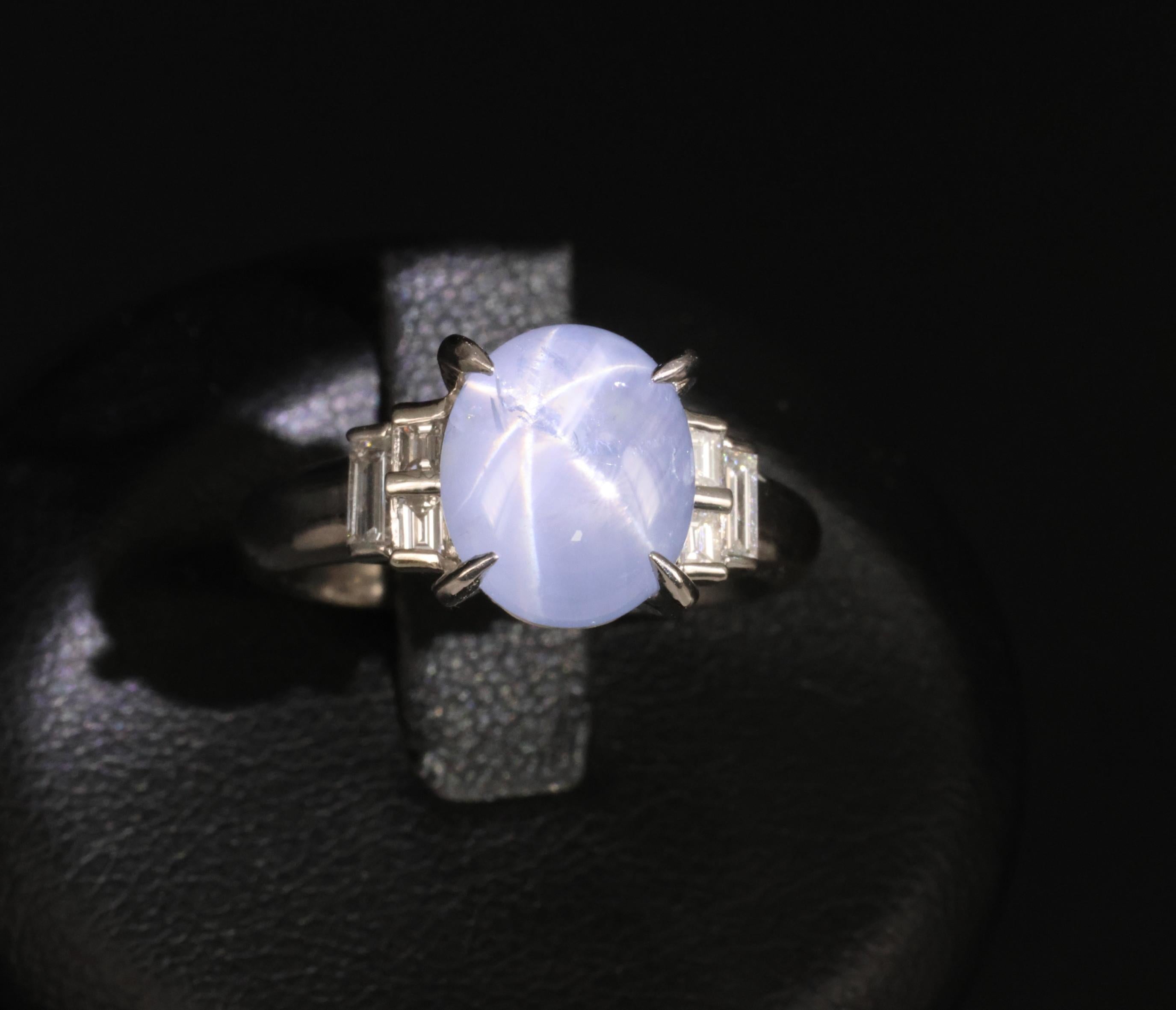 Fine 4.87ct Natural Blue Star Sapphire & 0.32ct Diamond Platinum Ring, Size 6.5