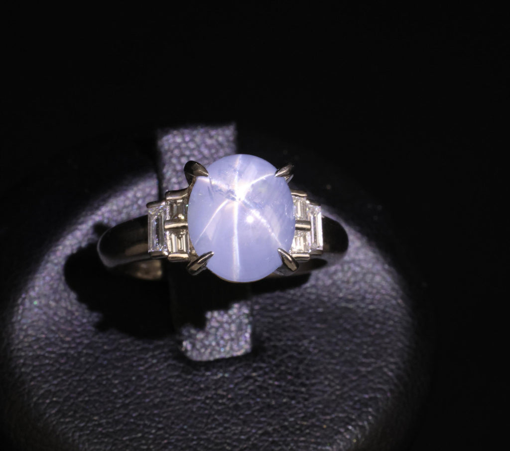 Fine 4.87ct Natural Blue Star Sapphire & 0.32ct Diamond Platinum Ring, Size 6.5