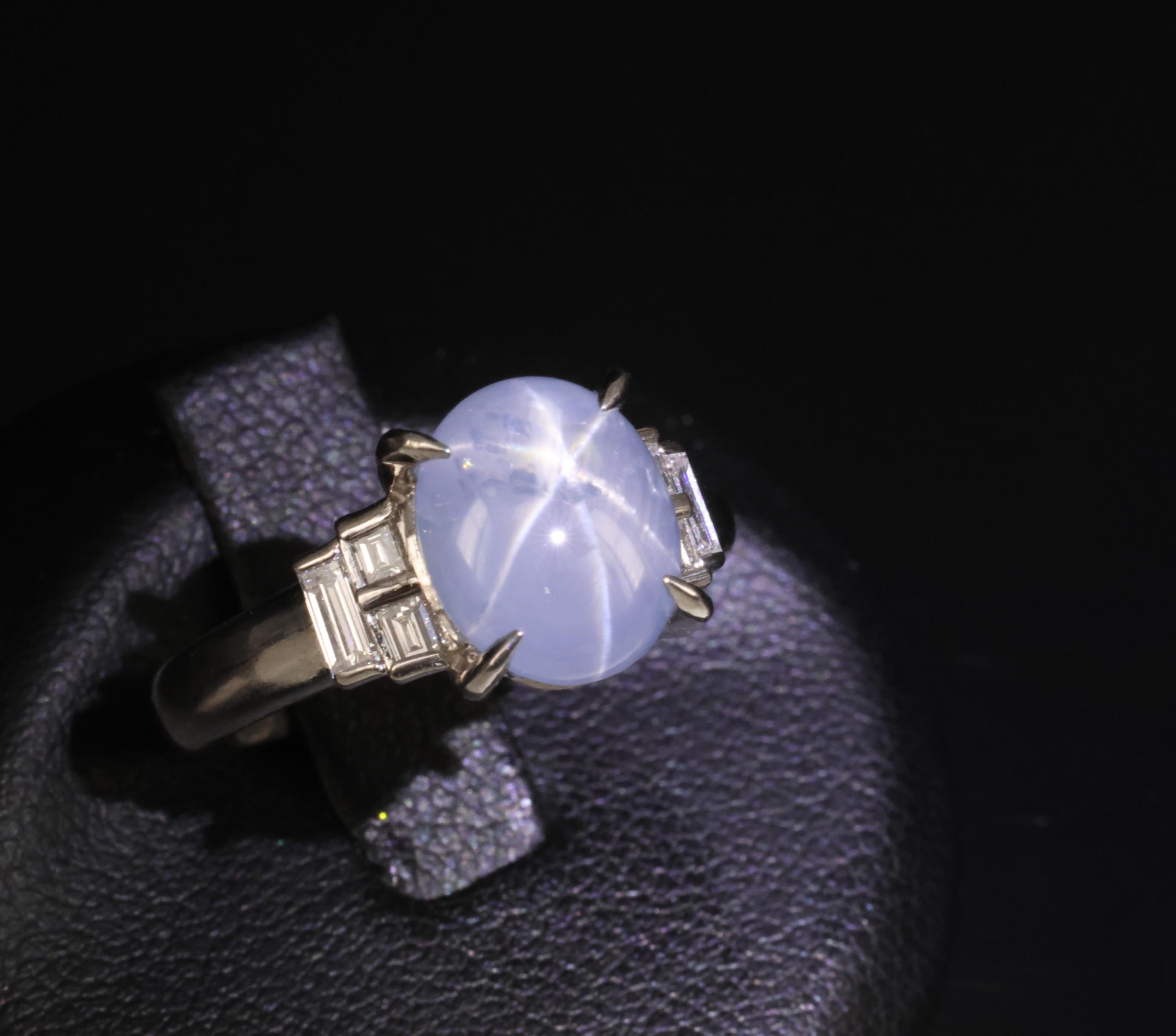 Fine 4.87ct Natural Blue Star Sapphire & 0.32ct Diamond Platinum Ring, Size 6.5