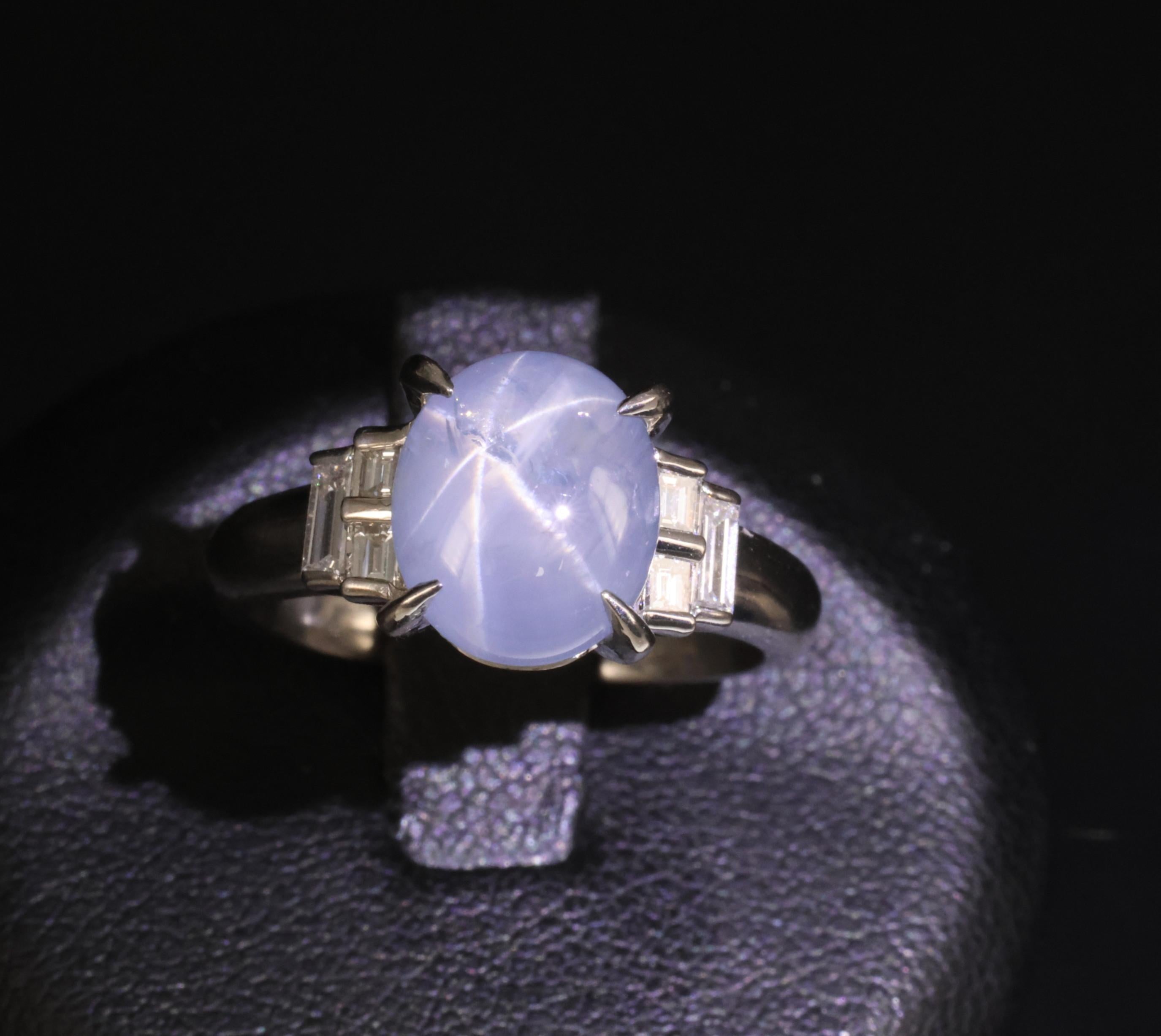 Fine 4.87ct Natural Blue Star Sapphire & 0.32ct Diamond Platinum Ring, Size 6.5