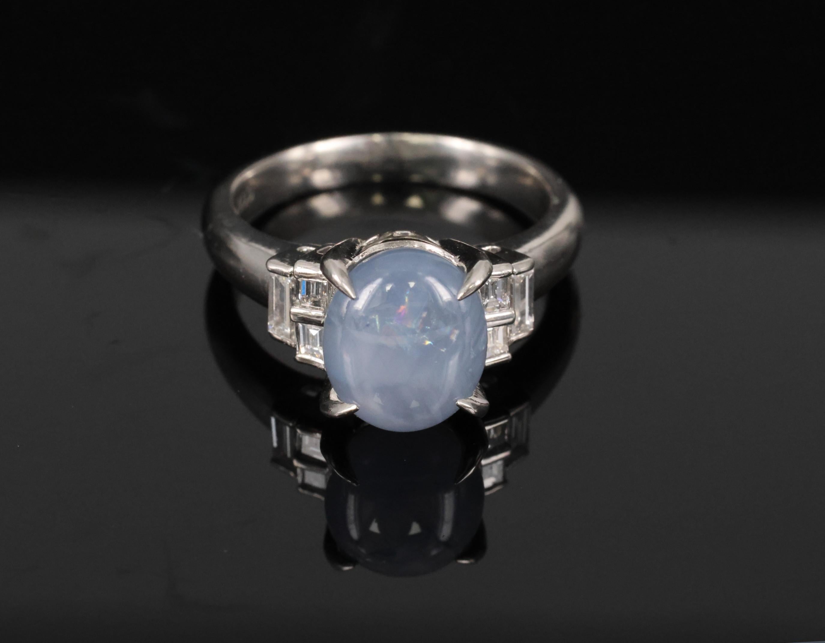 Fine 4.87ct Natural Blue Star Sapphire & 0.32ct Diamond Platinum Ring, Size 6.5