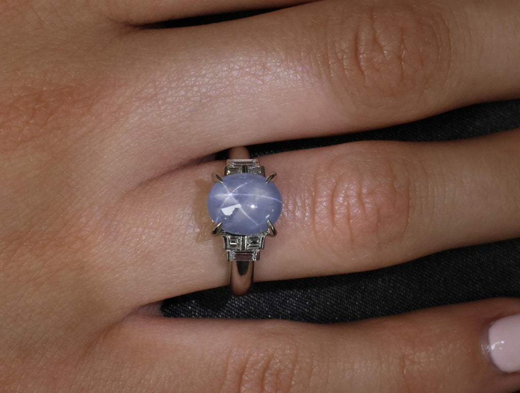 Fine 4.87ct Natural Blue Star Sapphire & 0.32ct Diamond Platinum Ring, Size 6.5