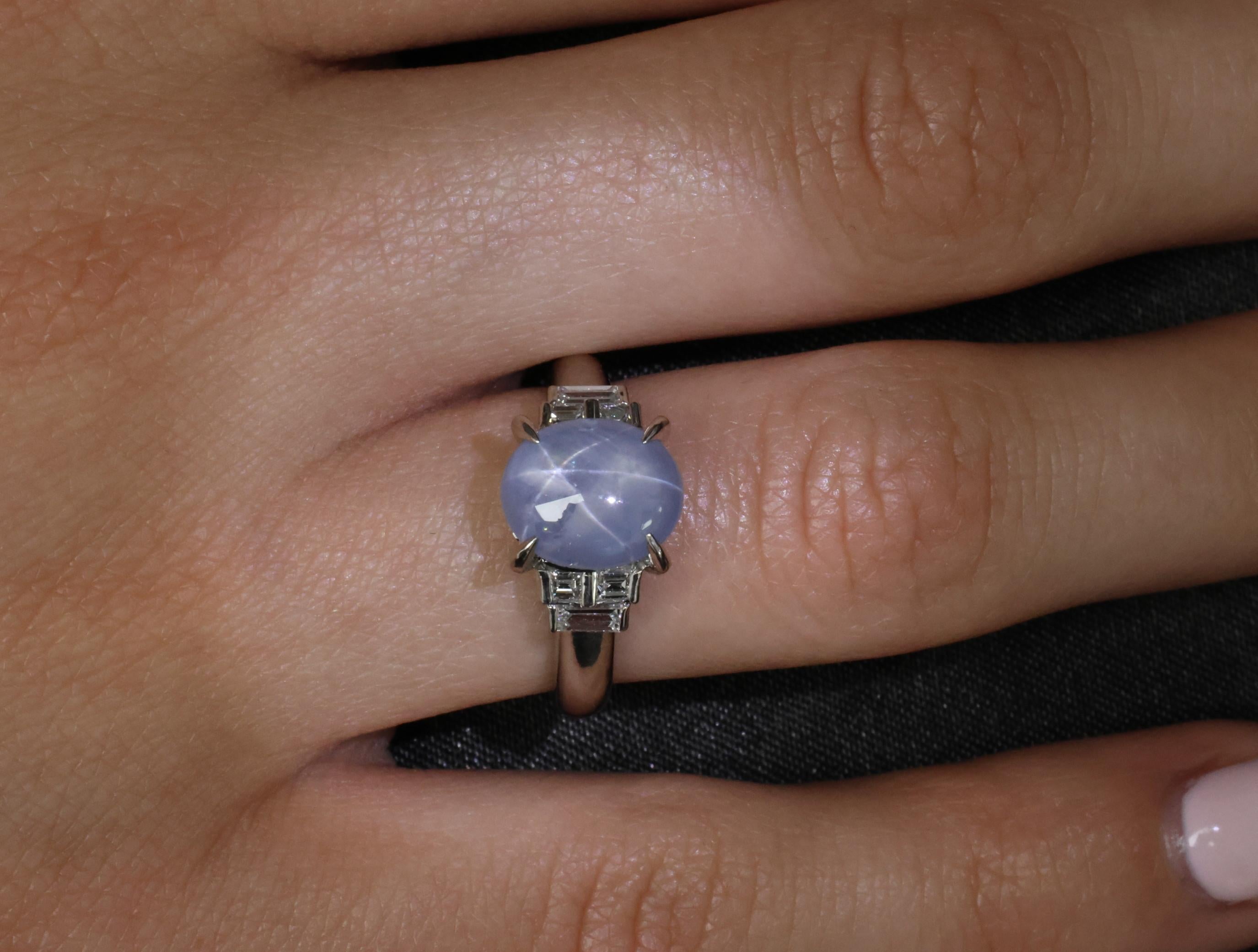 Fine 4.87ct Natural Blue Star Sapphire & 0.32ct Diamond Platinum Ring, Size 6.5