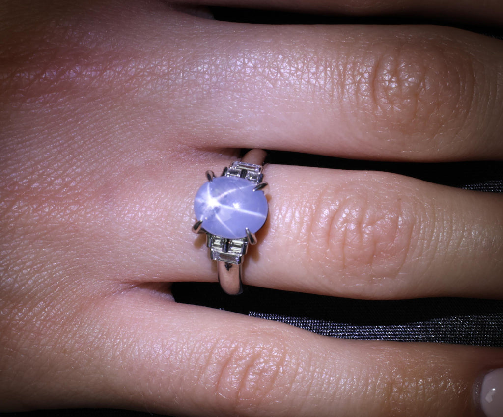 Fine 4.87ct Natural Blue Star Sapphire & 0.32ct Diamond Platinum Ring, Size 6.5
