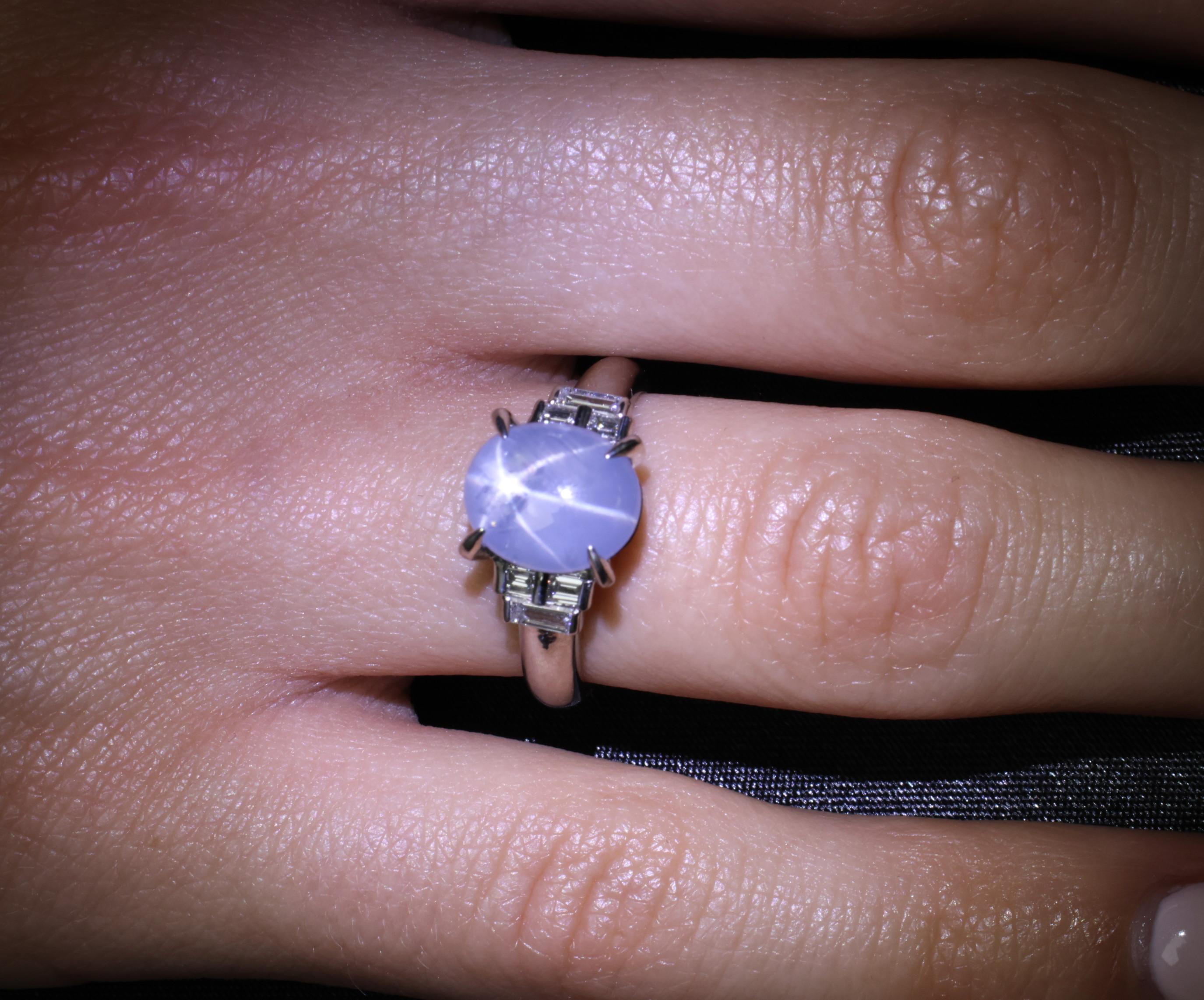 Fine 4.87ct Natural Blue Star Sapphire & 0.32ct Diamond Platinum Ring, Size 6.5