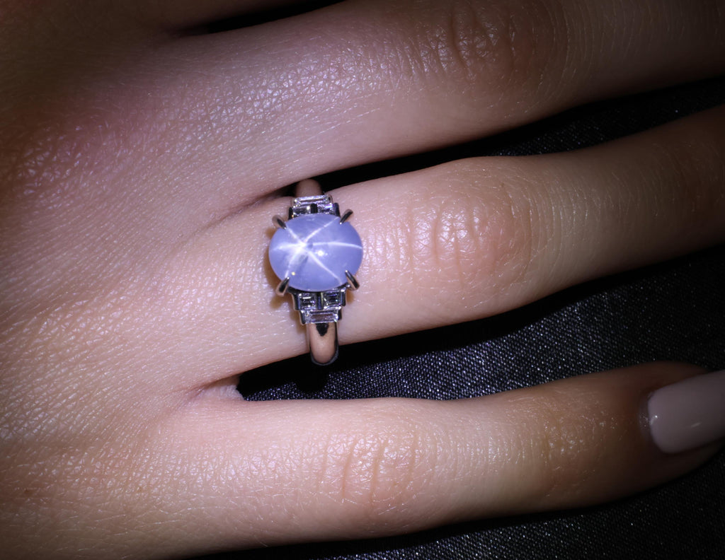 Fine 4.87ct Natural Blue Star Sapphire & 0.32ct Diamond Platinum Ring, Size 6.5