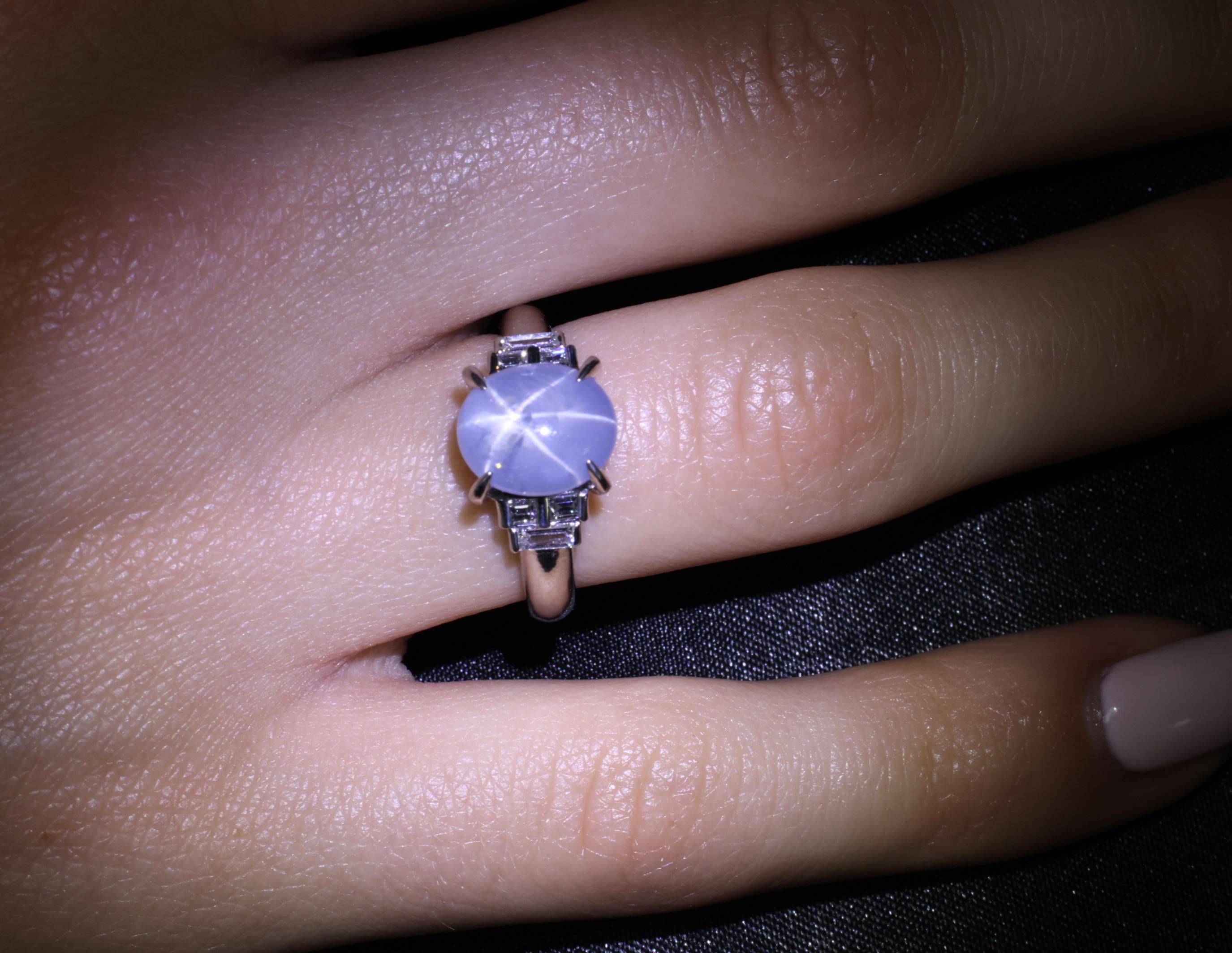 Fine 4.87ct Natural Blue Star Sapphire & 0.32ct Diamond Platinum Ring, Size 6.5