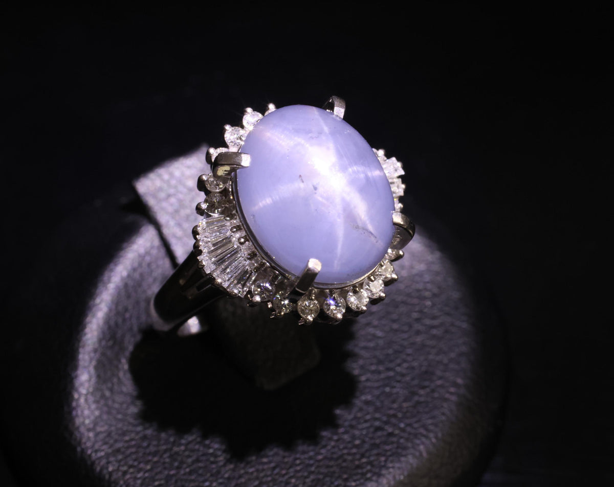 13.87ct Natural Untreated Star Sapphire & 0.65ct Diamond Platinum Ring, Size 5.5