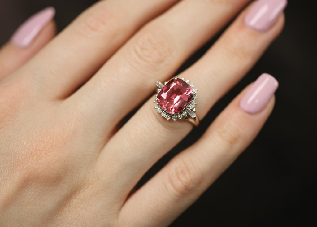 Fine 4.97ct Natural Pink Tourmaline & 0.42ct Diamond Platinum Halo Ring Size 5.5
