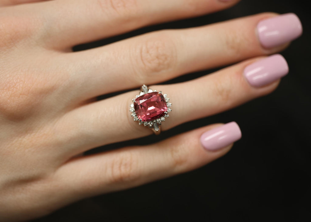 Fine 4.97ct Natural Pink Tourmaline & 0.42ct Diamond Platinum Halo Ring Size 5.5