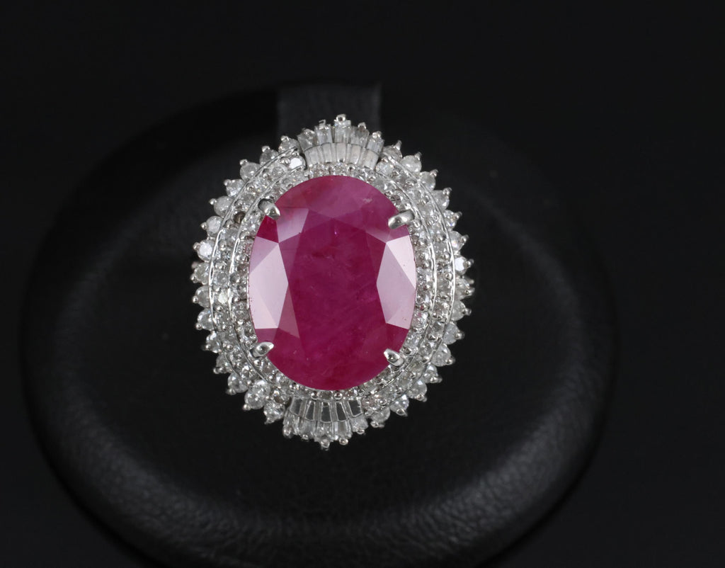 Vintage 6.31ct Natural Ruby & 1.0ct Diamond Platinum Halo Ring, Size 7.25