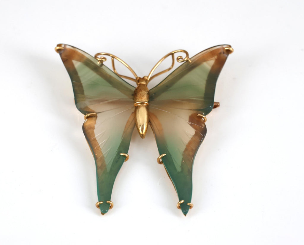 Vintage Natural Quartz & 18K Yellow Gold Butterfly Shape Brooch