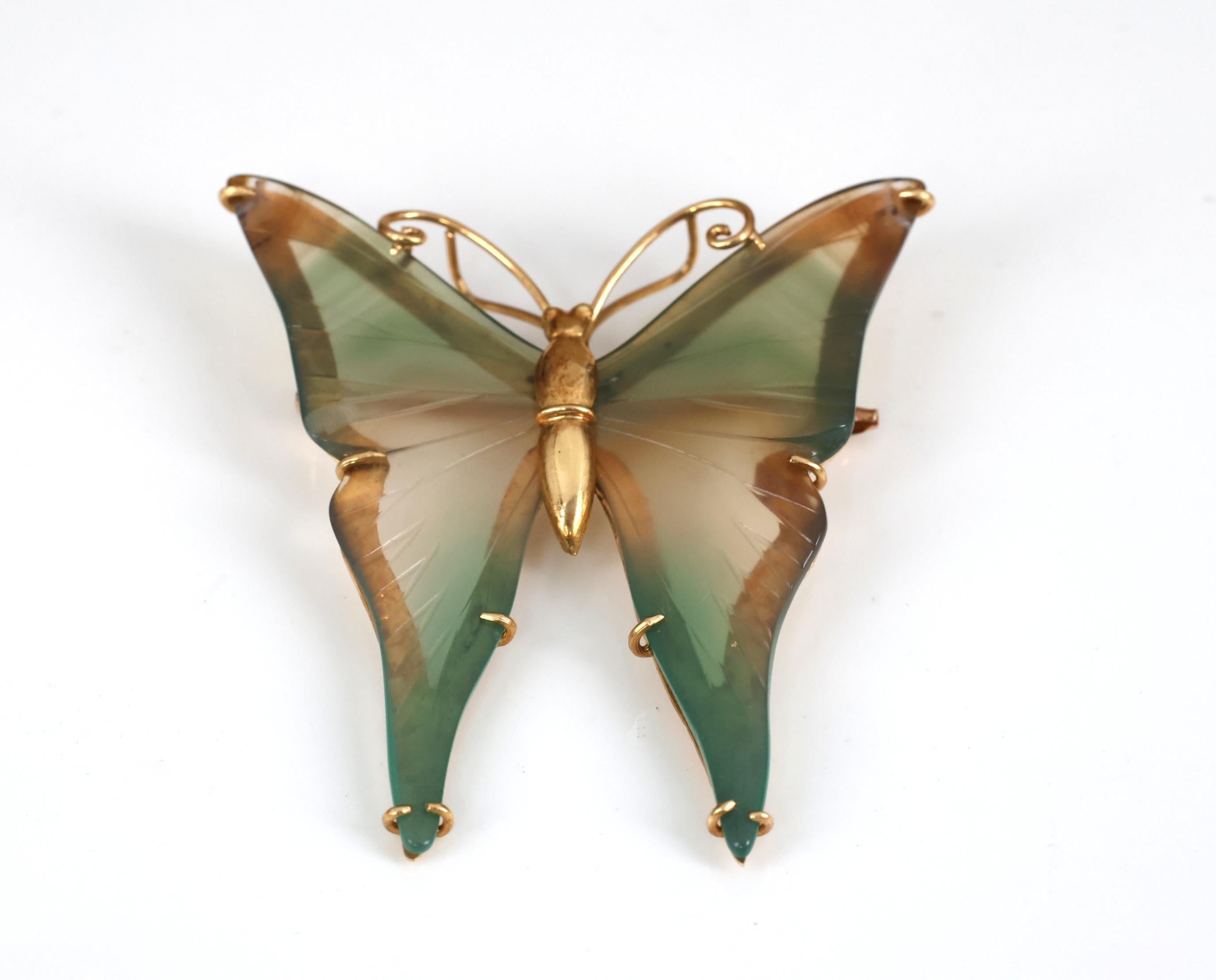 Vintage Natural Quartz & 18K Yellow Gold Butterfly Shape Brooch