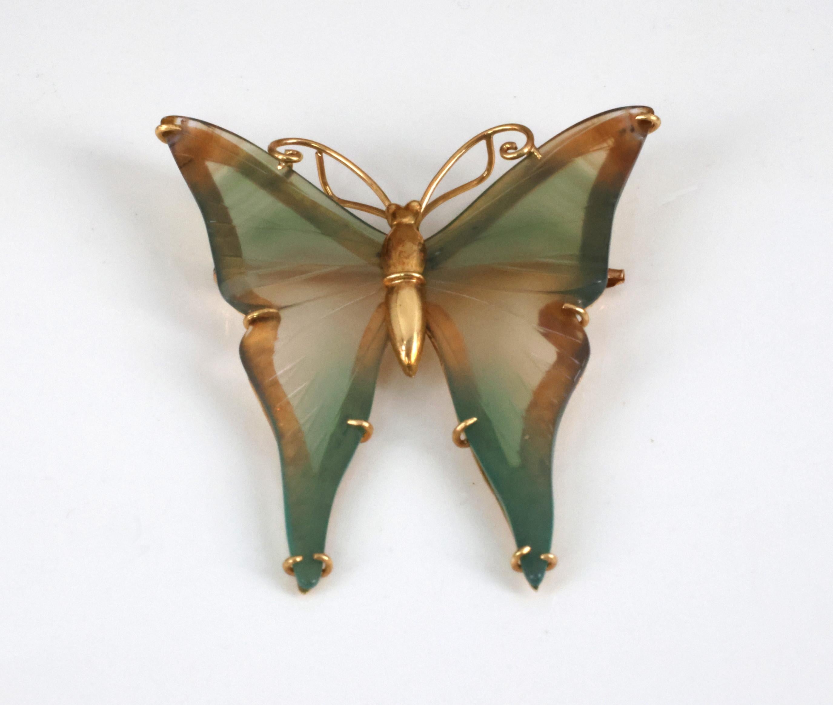 Vintage Natural Quartz & 18K Yellow Gold Butterfly Shape Brooch