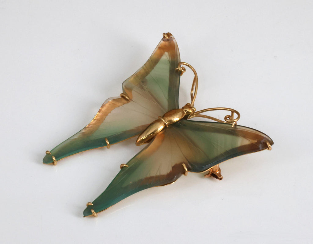 Vintage Natural Quartz & 18K Yellow Gold Butterfly Shape Brooch
