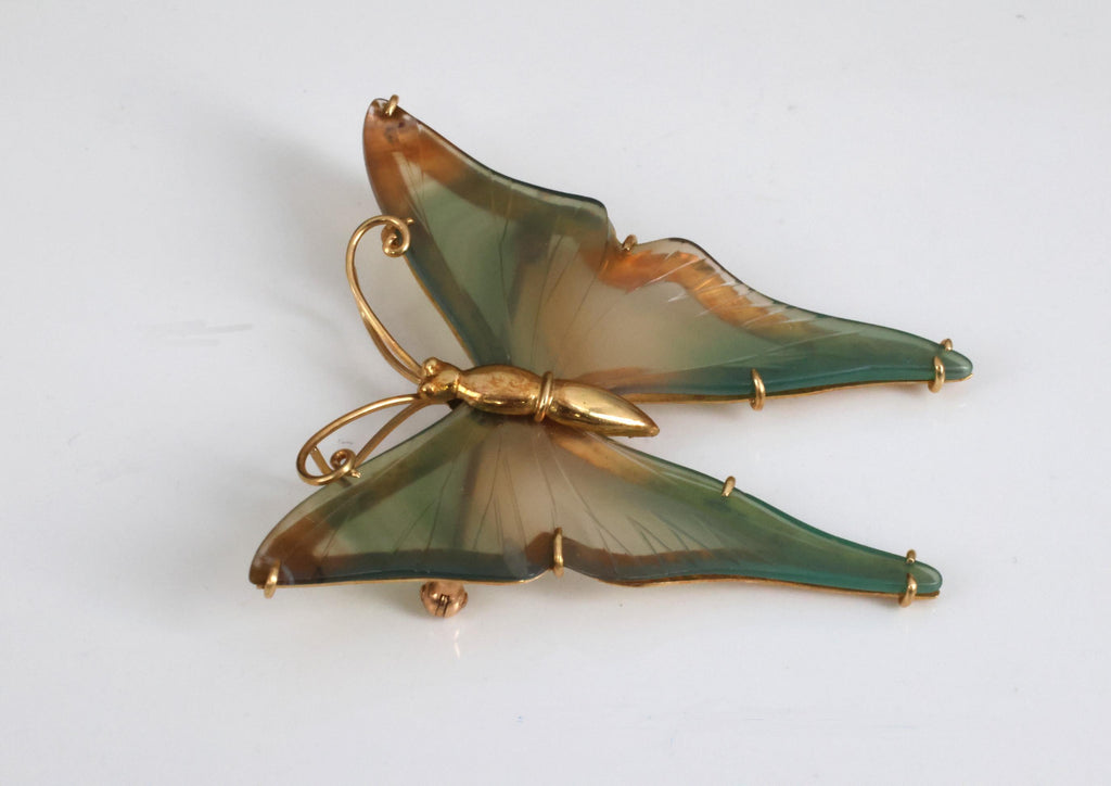 Vintage Natural Quartz & 18K Yellow Gold Butterfly Shape Brooch