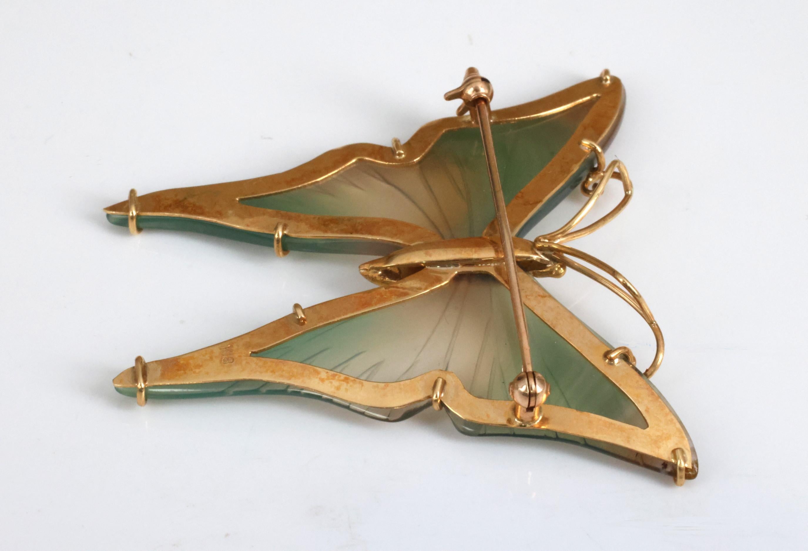 Vintage Natural Quartz & 18K Yellow Gold Butterfly Shape Brooch