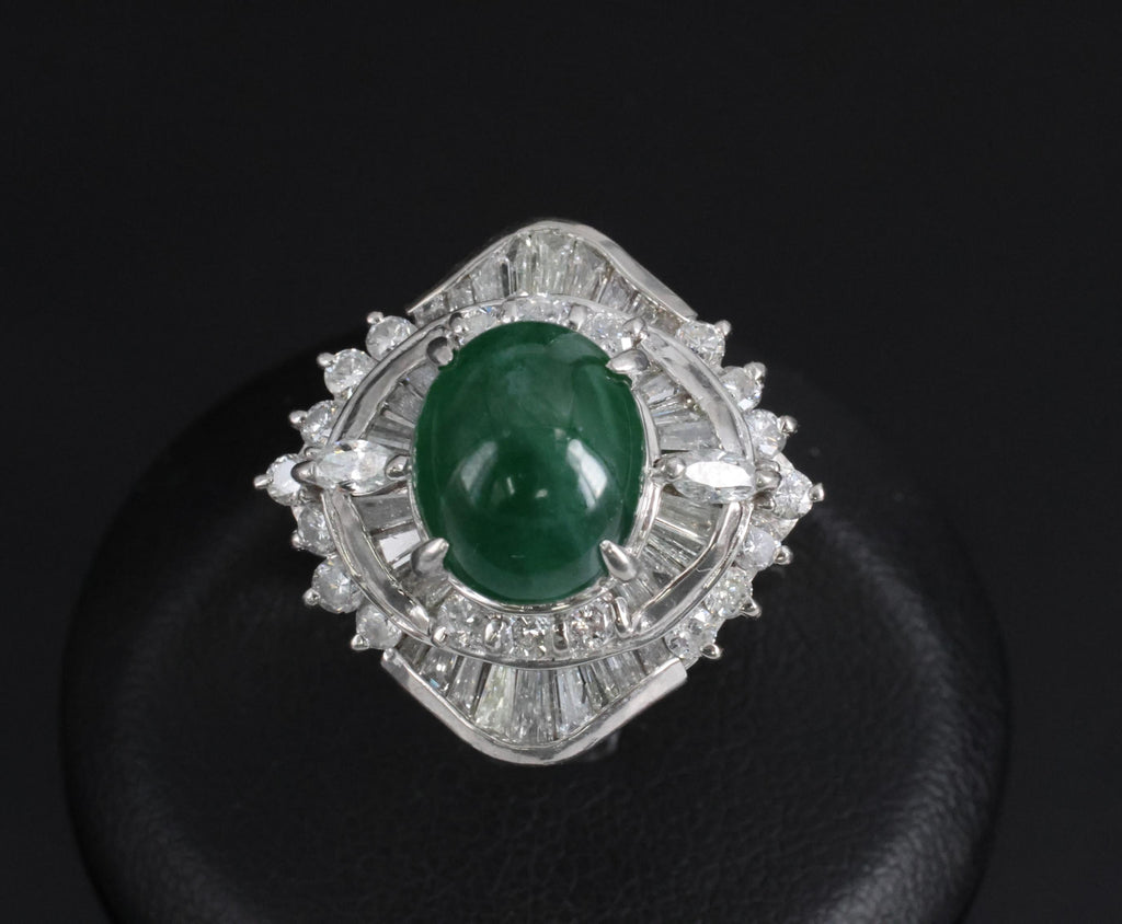 Vintage 4.50ct Natural Jadeite Jade & 1.81ct Diamond Platinum Ring, Size 5.75