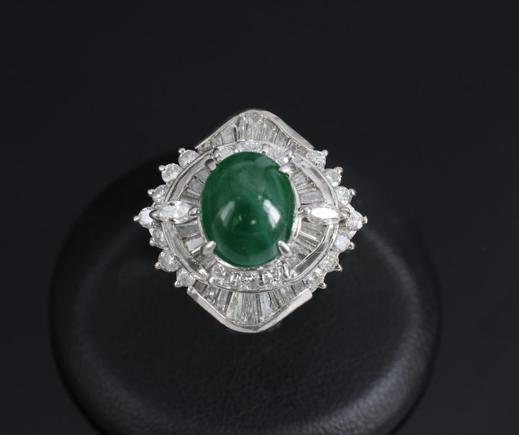 Vintage 4.50ct Natural Jadeite Jade & 1.81ct Diamond Platinum Ring, Size 5.75