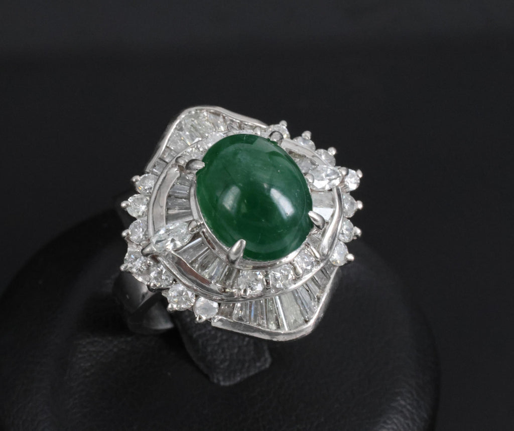 Vintage 4.50ct Natural Jadeite Jade & 1.81ct Diamond Platinum Ring, Size 5.75