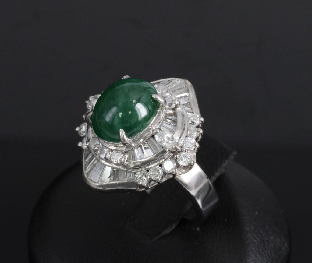 Vintage 4.50ct Natural Jadeite Jade & 1.81ct Diamond Platinum Ring, Size 5.75