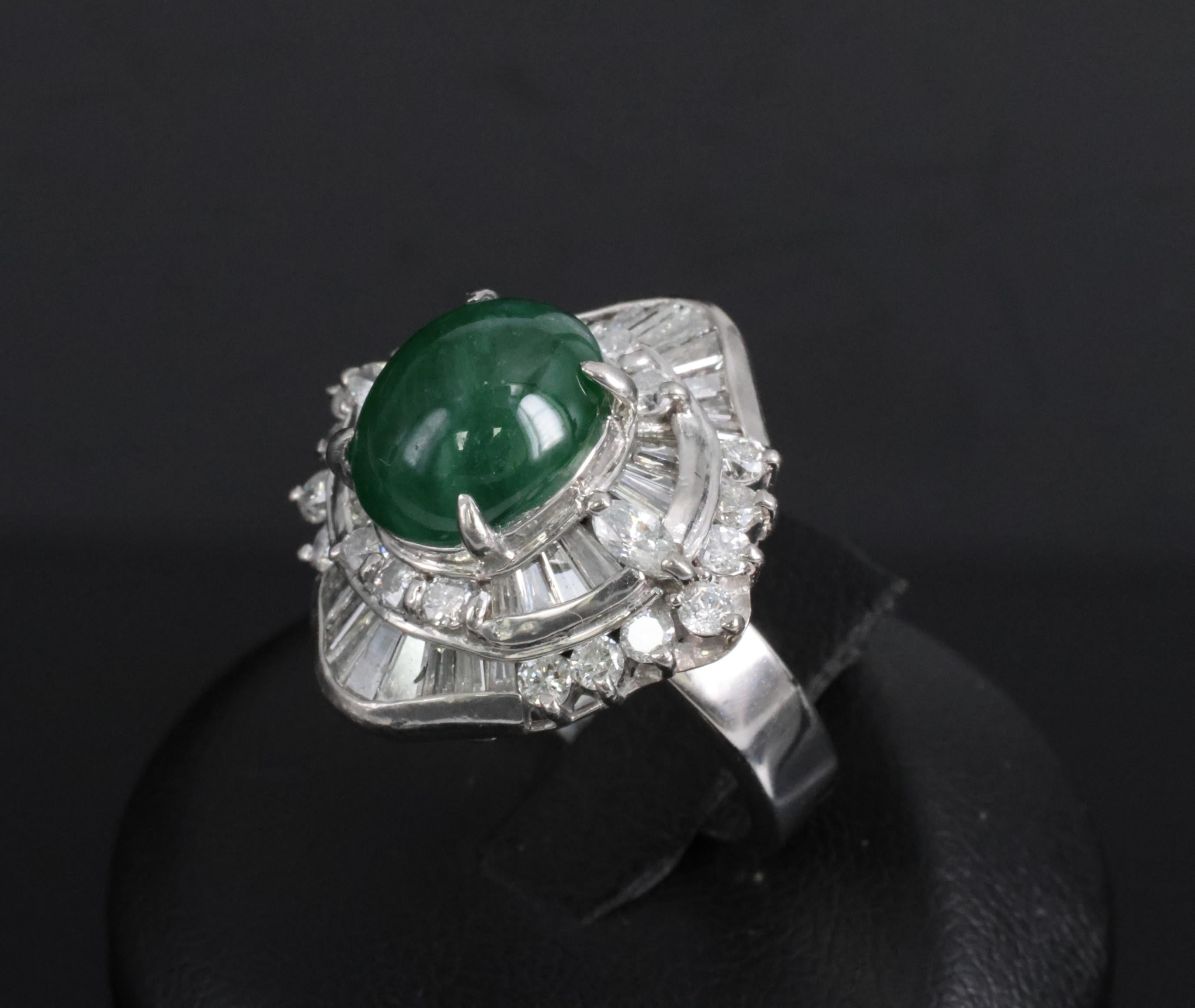 Vintage 4.50ct Natural Jadeite Jade & 1.81ct Diamond Platinum Ring, Size 5.75