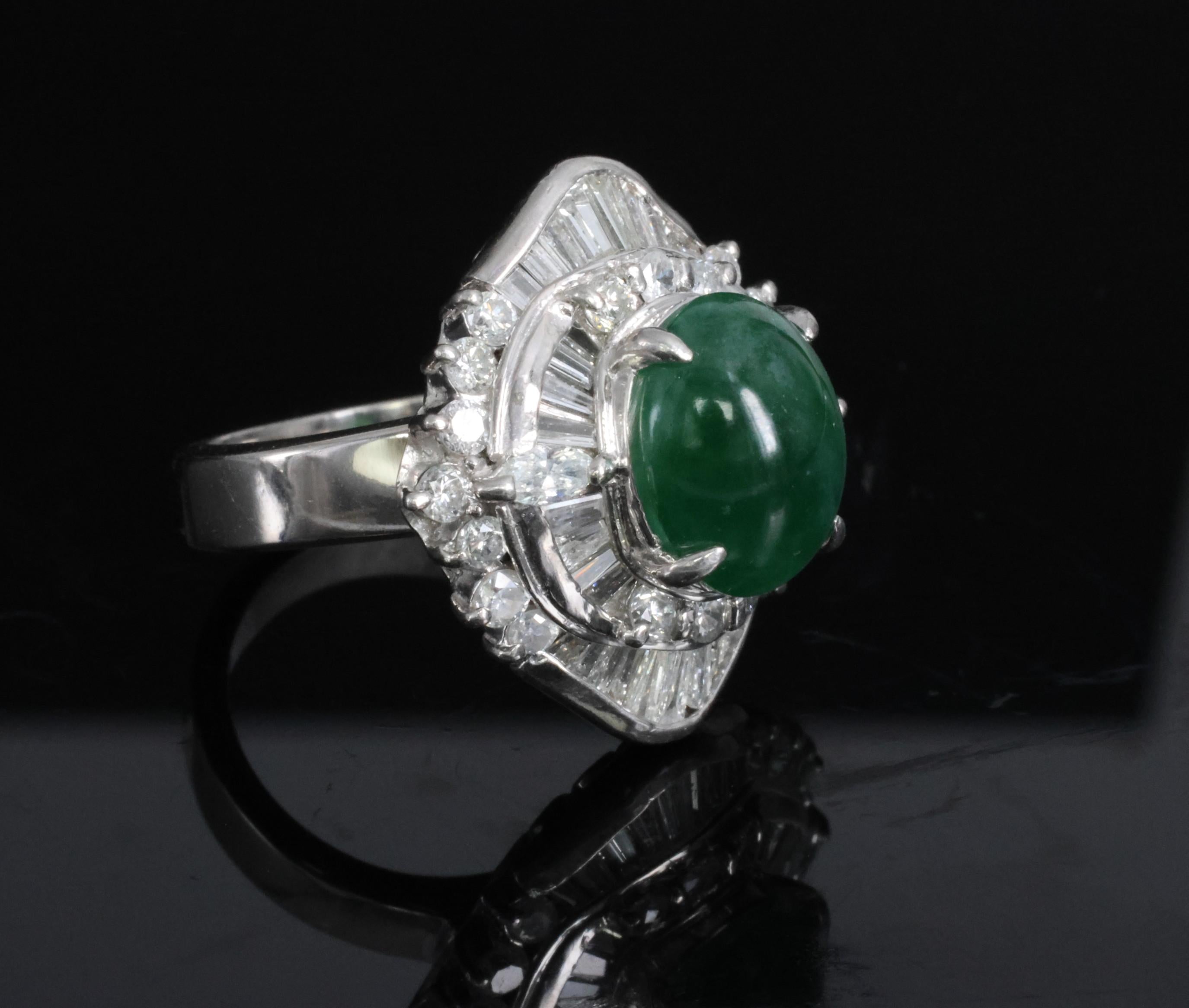 Vintage 4.50ct Natural Jadeite Jade & 1.81ct Diamond Platinum Ring, Size 5.75